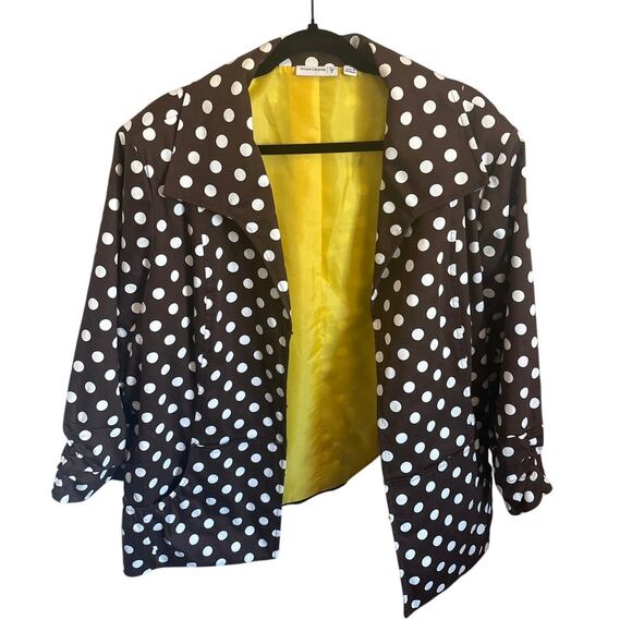 Susan Graver Jackets & Blazers - Susan Graver Brown White Polka Dot Open Front Jacket Blazer Yellow Lined 2X
